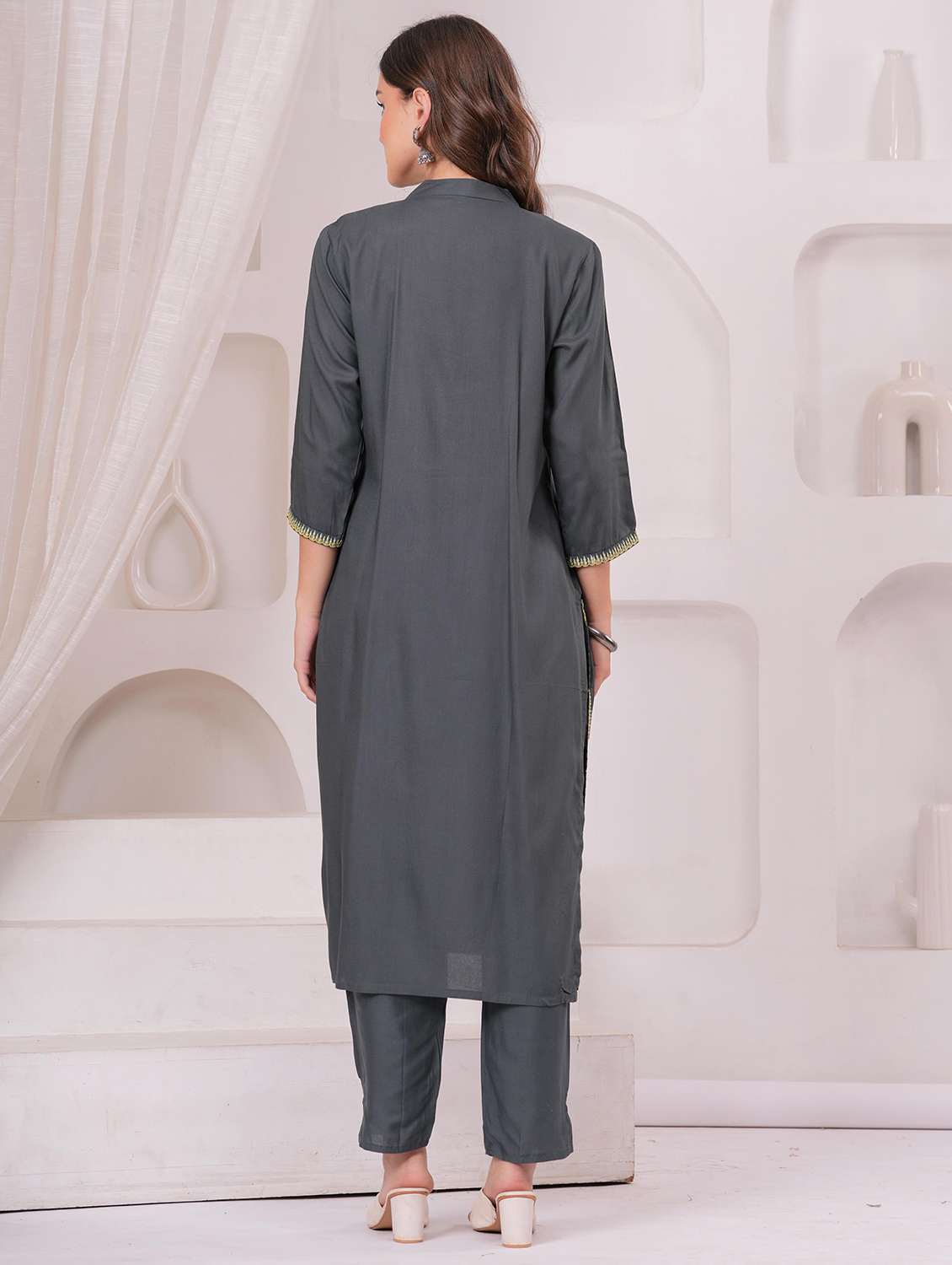 women embroidered three quarter sleeve kurta pant set - 22146662 - Standard Image - 4