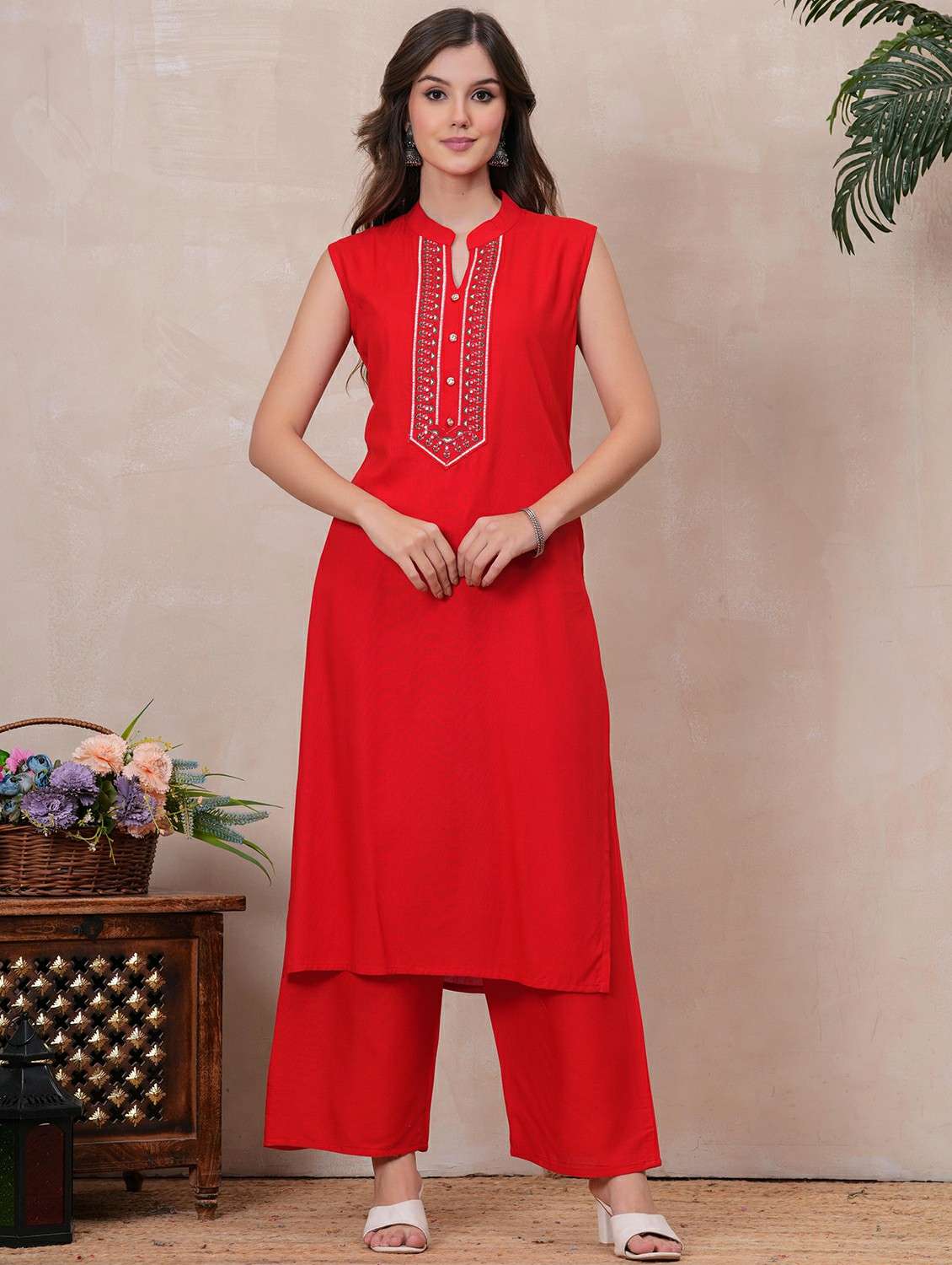 women embroidered sleeveless kurta palazzo set - 22146664 - Standard Image - 1