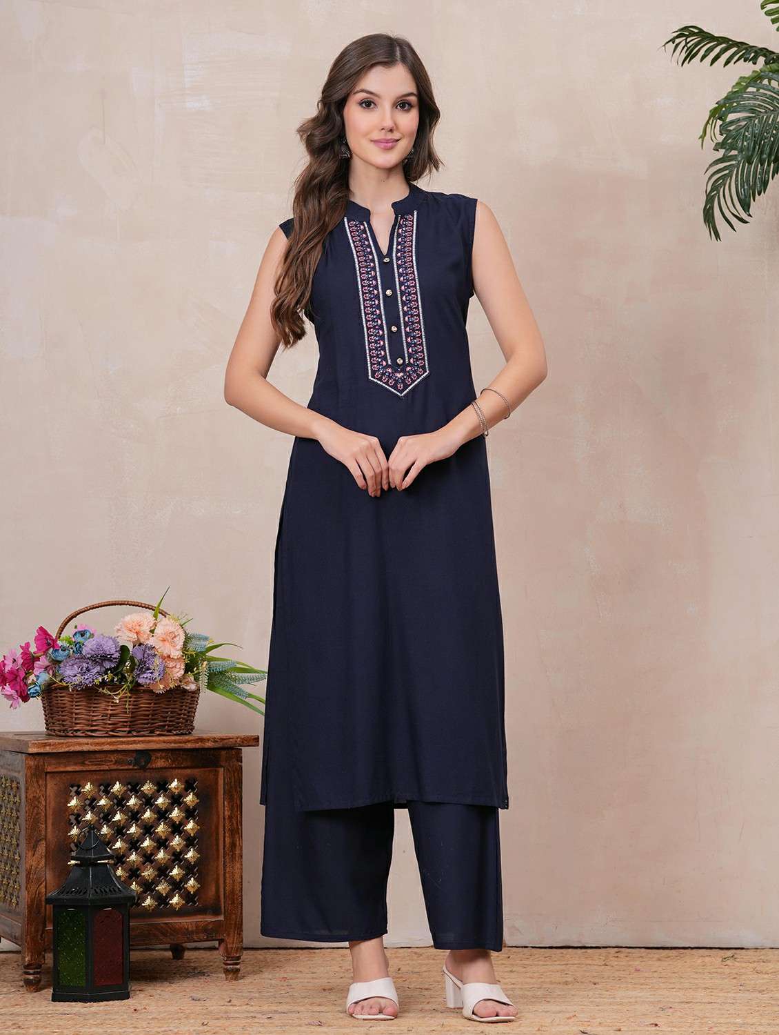 women embroidered sleeveless kurta palazzo set - 22146666 - Standard Image - 1