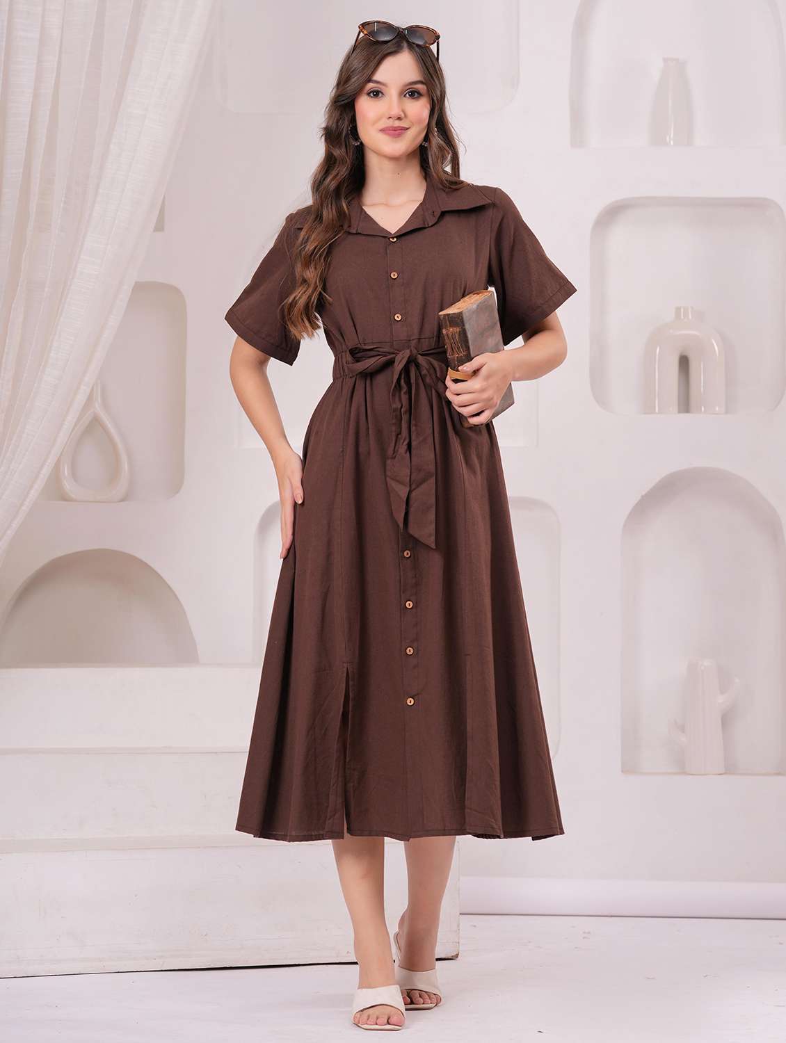 women solid short sleeve refular fit shirt dress