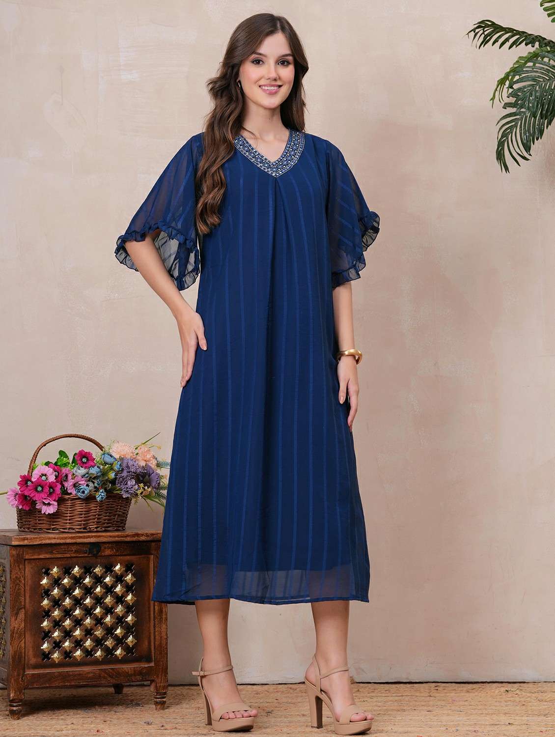women striped v neck a-line ethnic dress - 22146668 -  Standard Image - 1