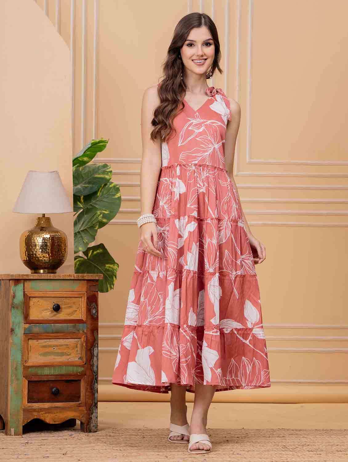 women floral printed shoulder strap tiered dress - 22146674 - Standard Image - 1
