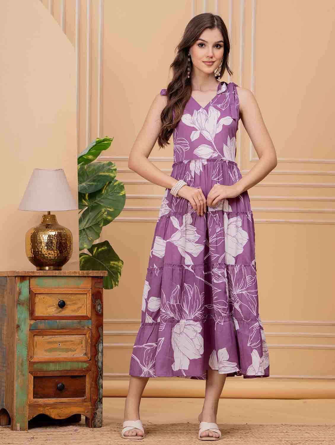 women floral printed shoulder strap tiered dress - 22146675 - Standard Image - 1