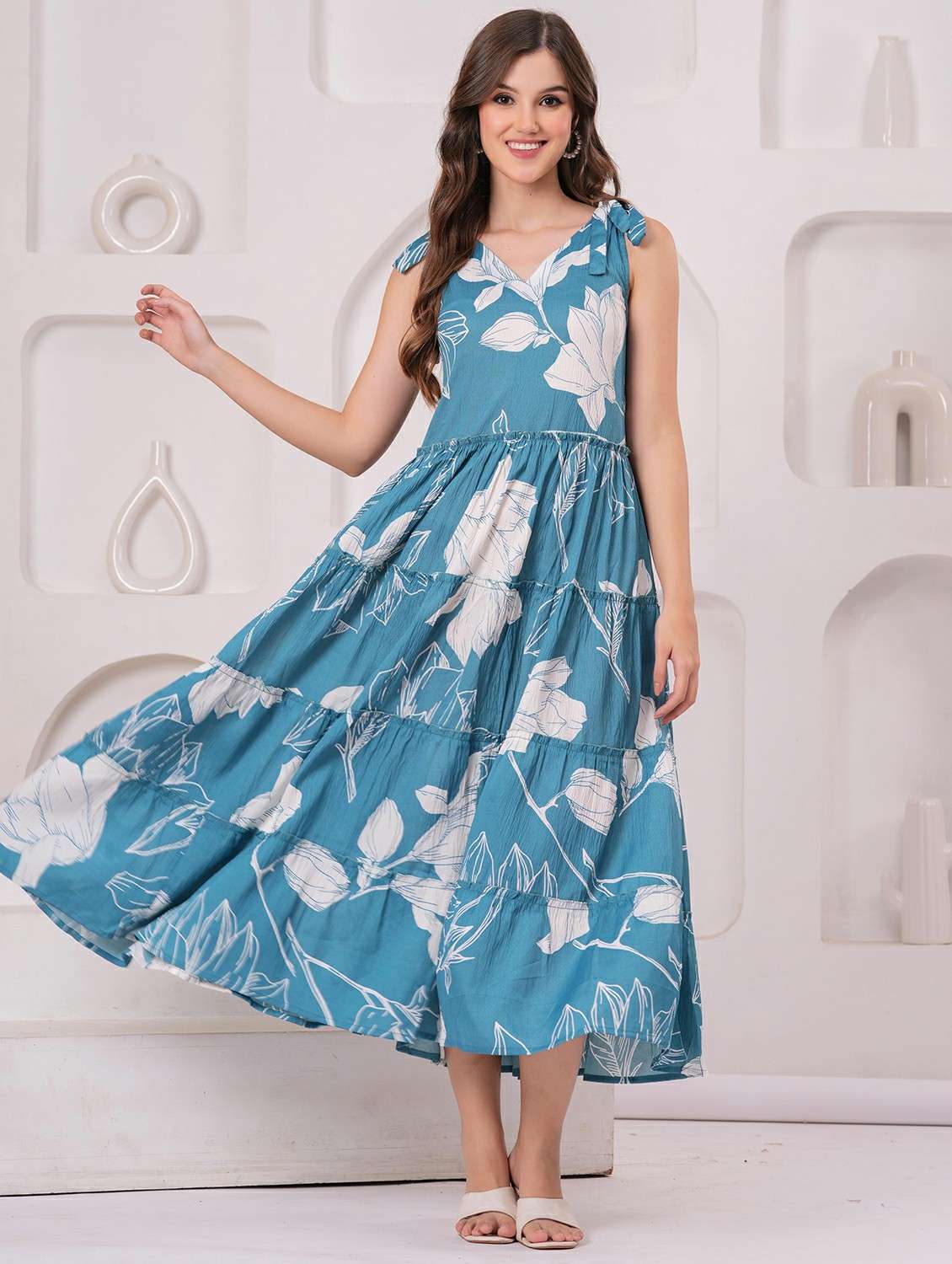 women floral printed shoulder strap tiered dress - 22146676 - Standard Image - 1