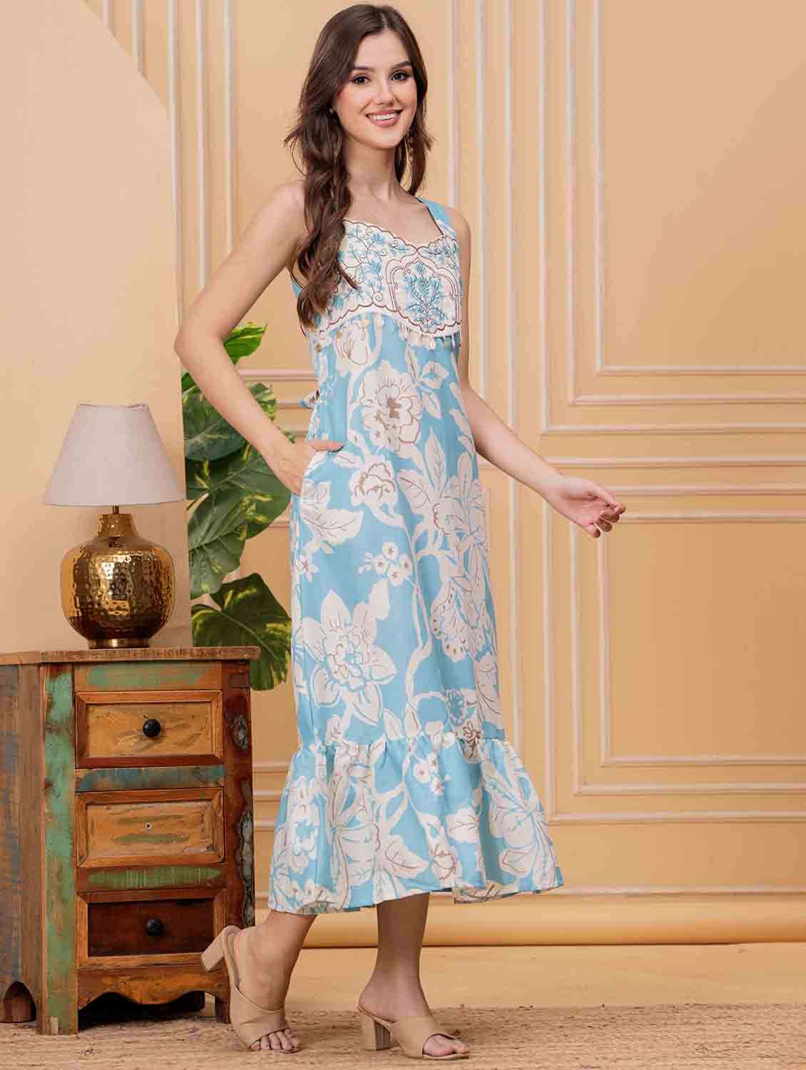 women floral sleeveless tiered ethnic dress - 22146677 - Standard Image - 1