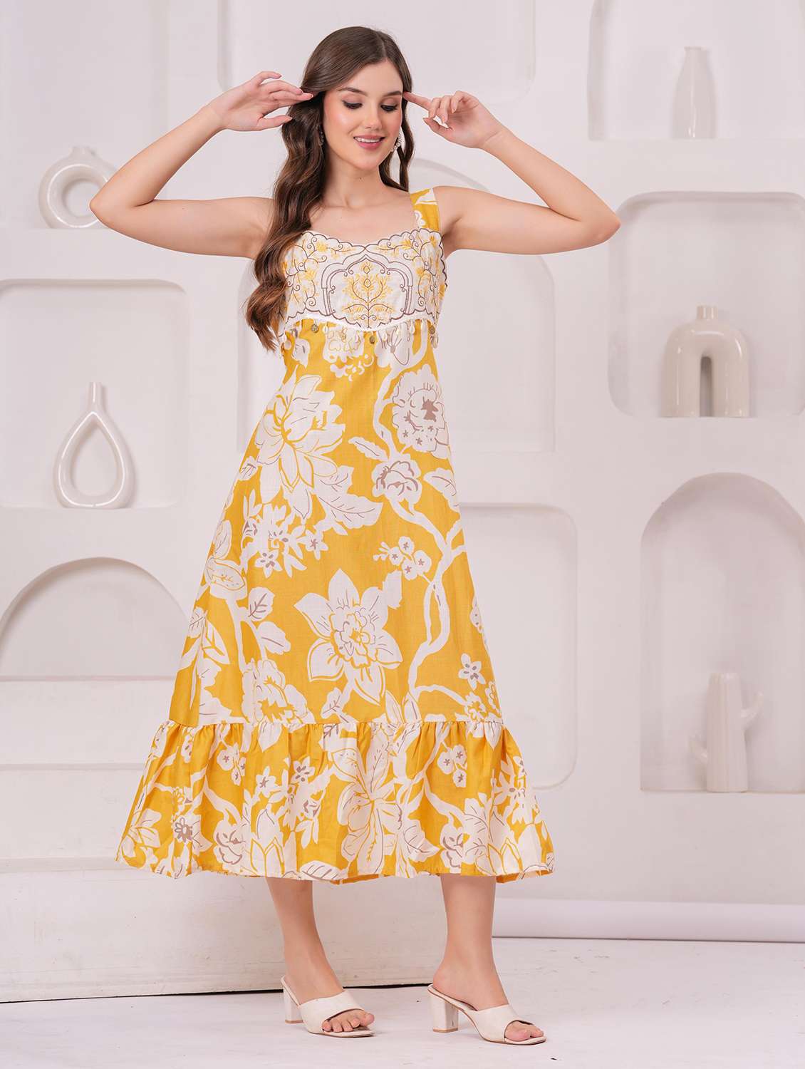 women floral sleeveless tiered ethnic dress - 22146678 - Standard Image - 1