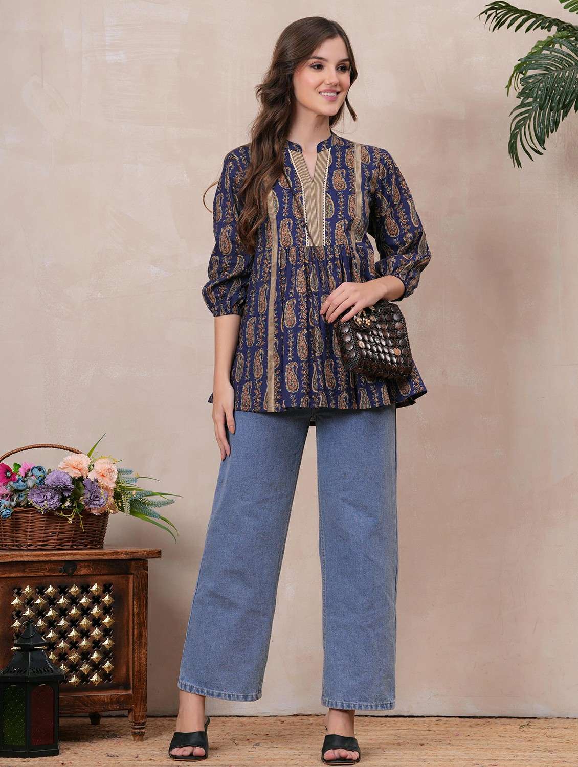 women paisley printed three quarter sleeve ethnic top - 22146685 -  Standard Image - 4