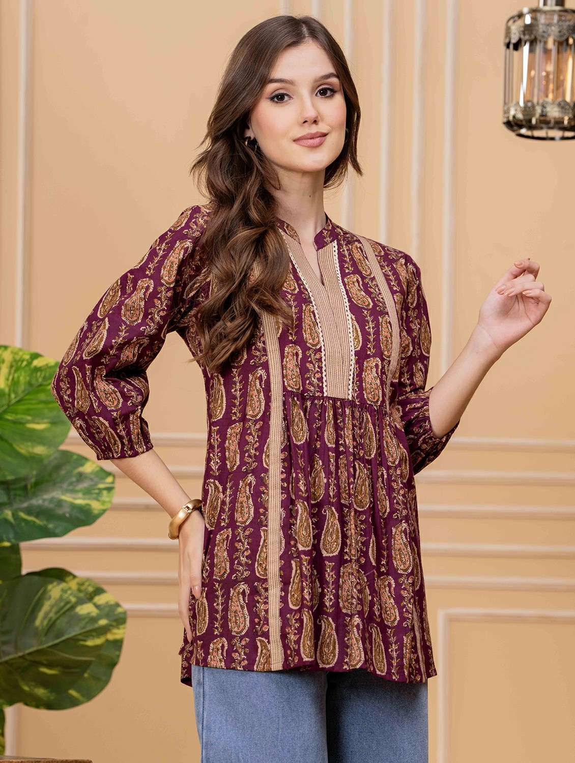 women paisley printed three quarter sleeve ethnic top - 22146686 -  Standard Image - 1