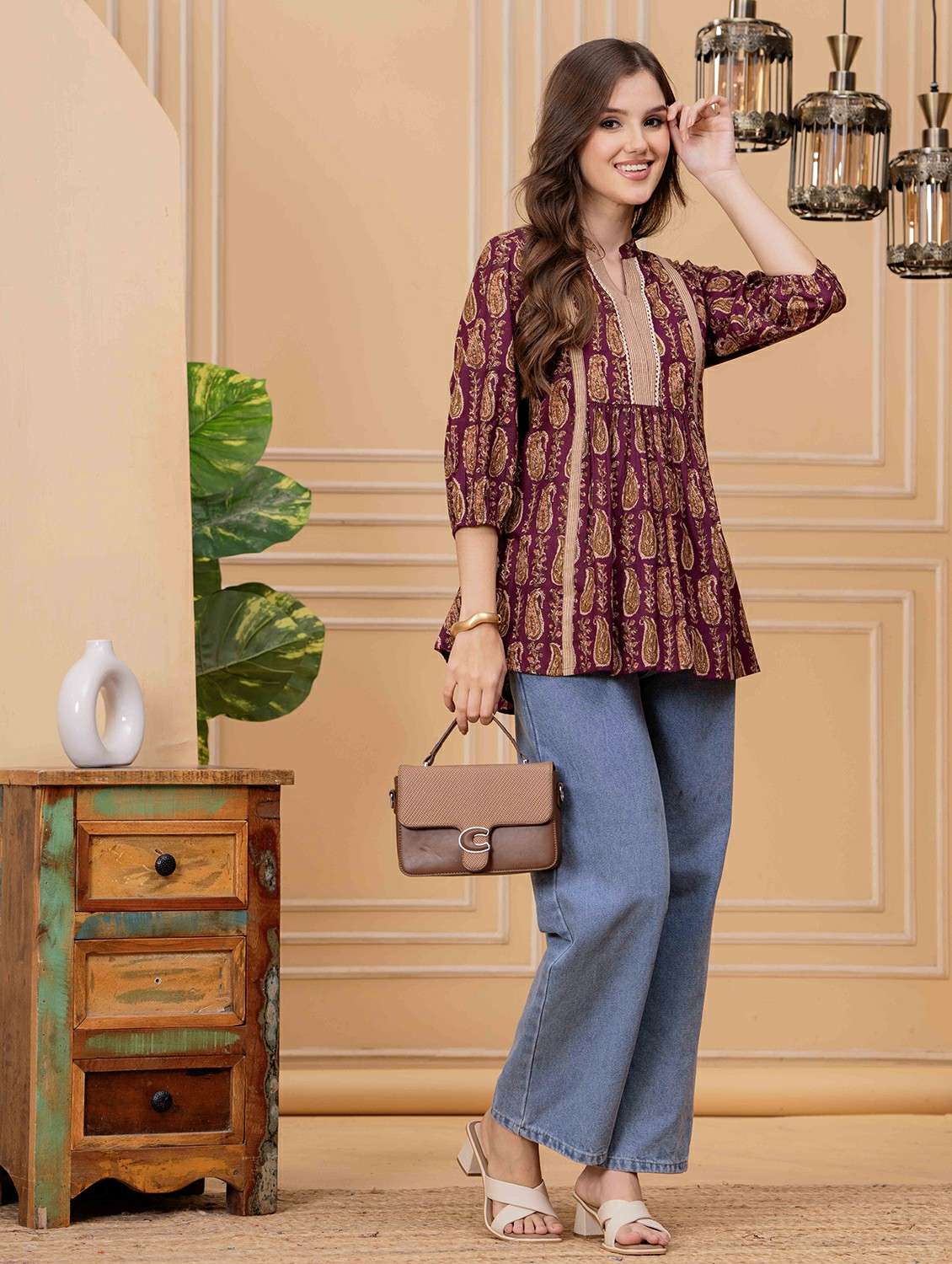 women paisley printed three quarter sleeve ethnic top - 22146686 - Standard Image - 4