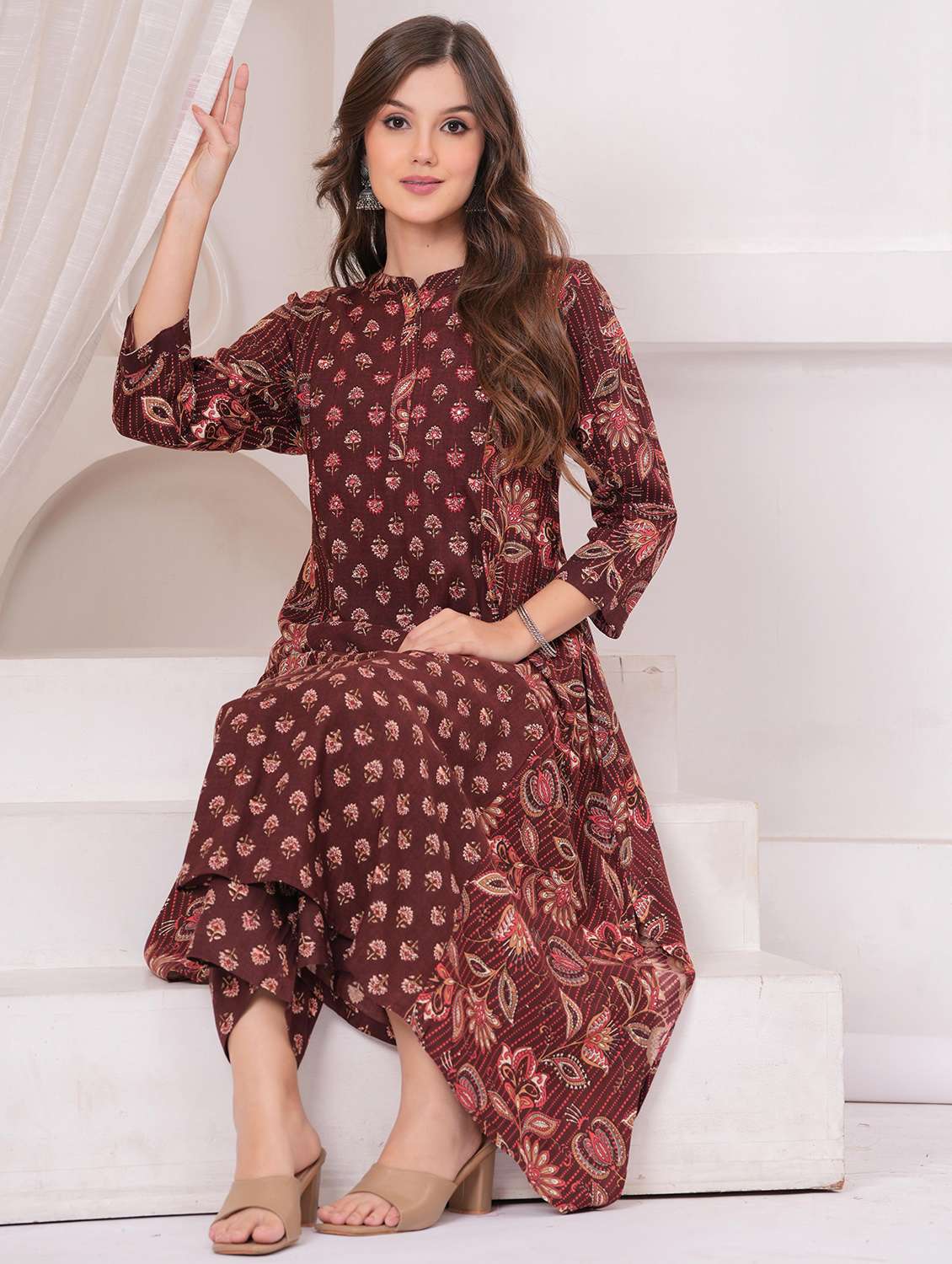 women floral three quarter sleeve kurta pant set - 22146739 -  Standard Image - 1