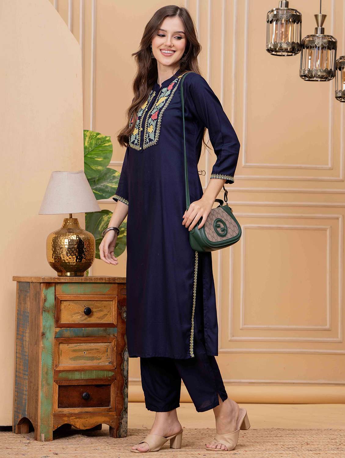 women embroidered three quarter sleeve kurta pant set - 22146752 -  Standard Image - 1