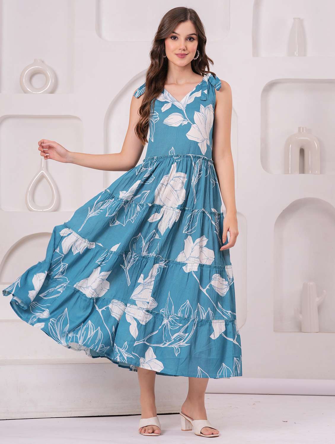 women floral printed shoulder strap tiered dress