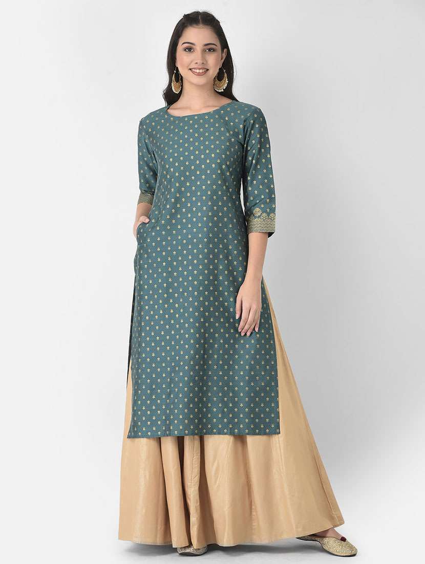 women foil print three quarter sleeve straight kurta - 22146773 -  Standard Image - 1