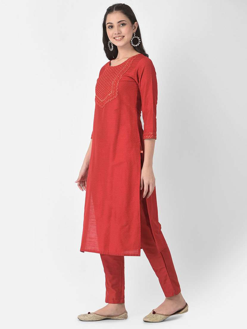 women embroidered three quarter sleeve straight kurta - 22146777 -  Standard Image - 1