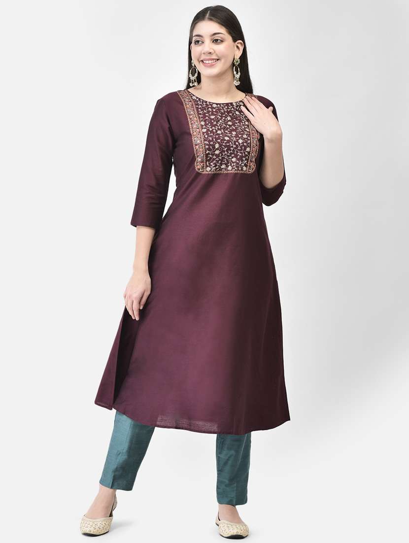 women embroidered three quarter sleeve a-line kurta - 22146797 -  Standard Image - 1
