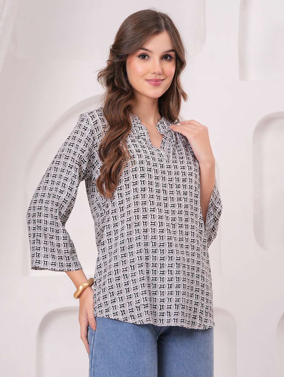 women printed three quarter sleeve ethnic top - 22146806 - Standard Image - 1