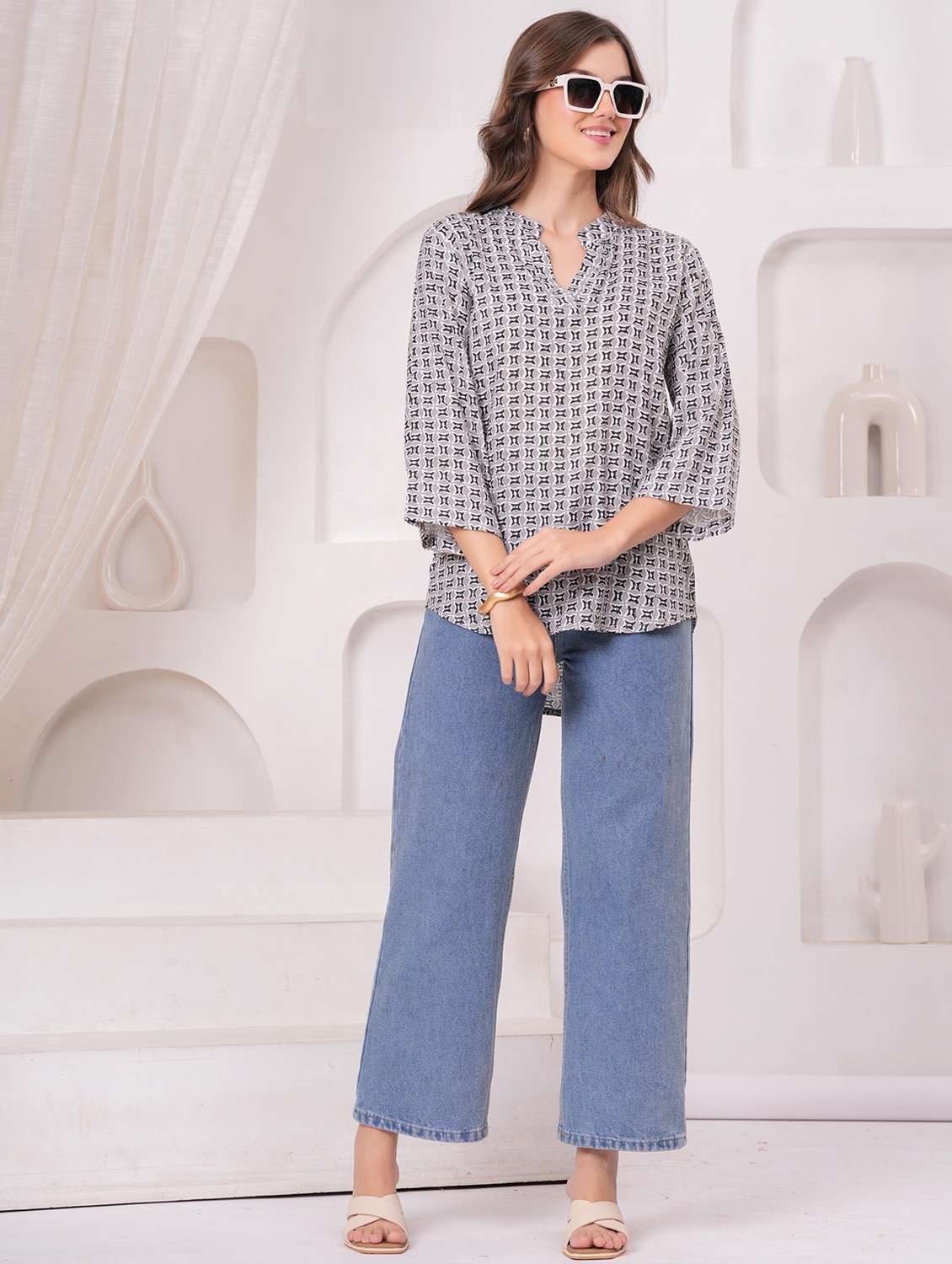women printed three quarter sleeve ethnic top - 22146806 - Standard Image - 4