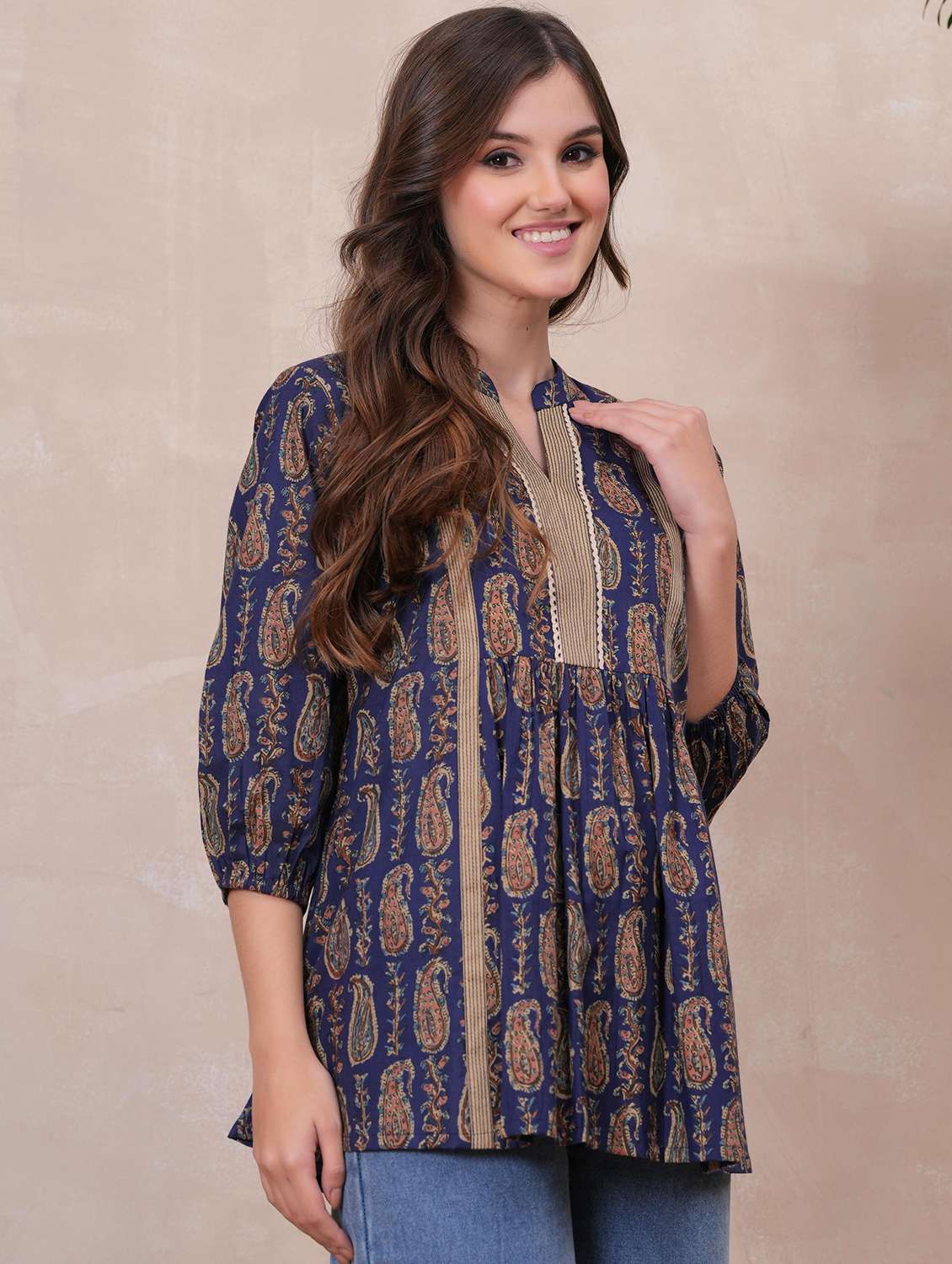 women paisley printed three quarter sleeve ethnic top - 22146807 -  Standard Image - 1