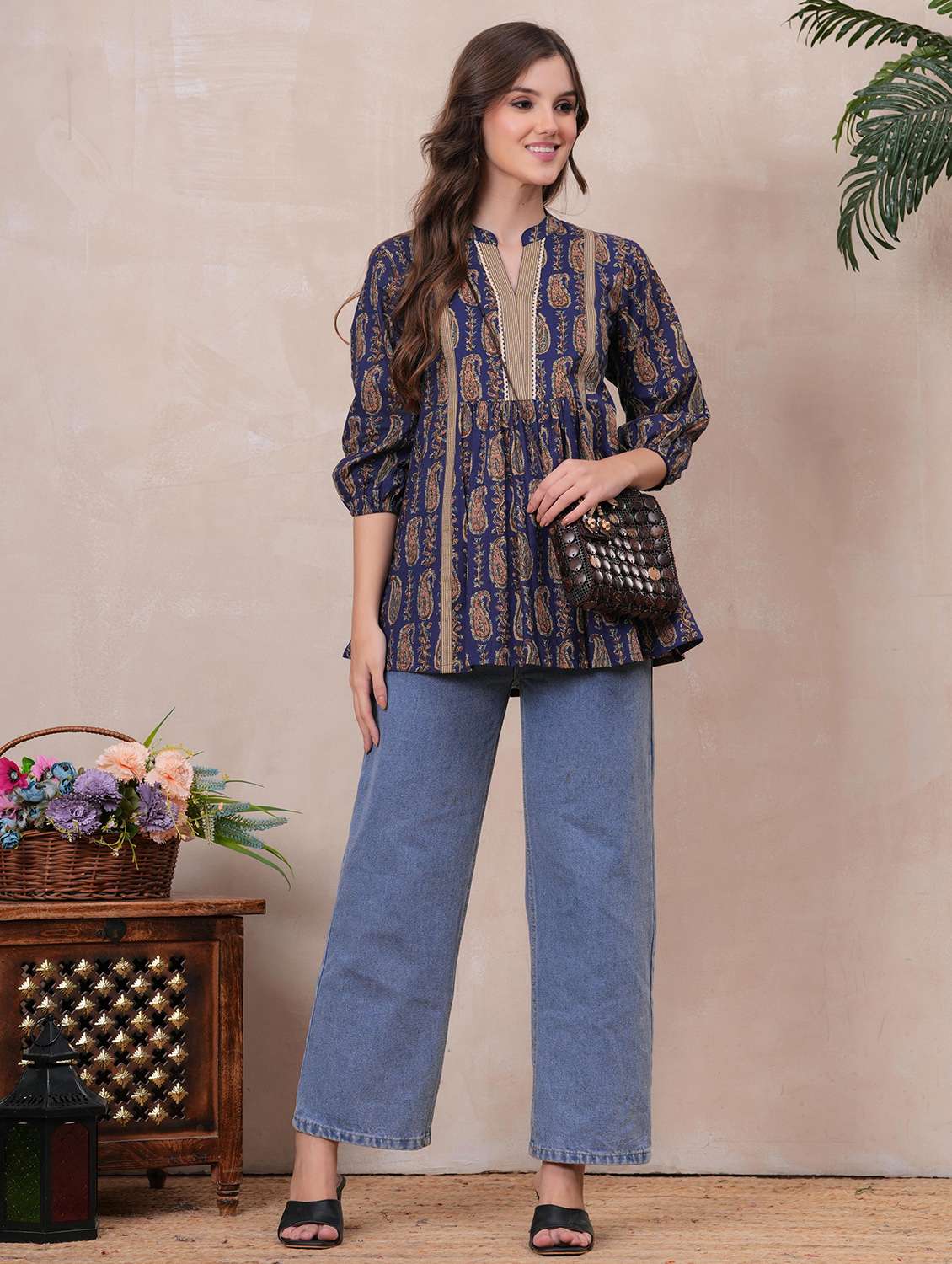 women paisley printed three quarter sleeve ethnic top - 22146807 -  Standard Image - 4