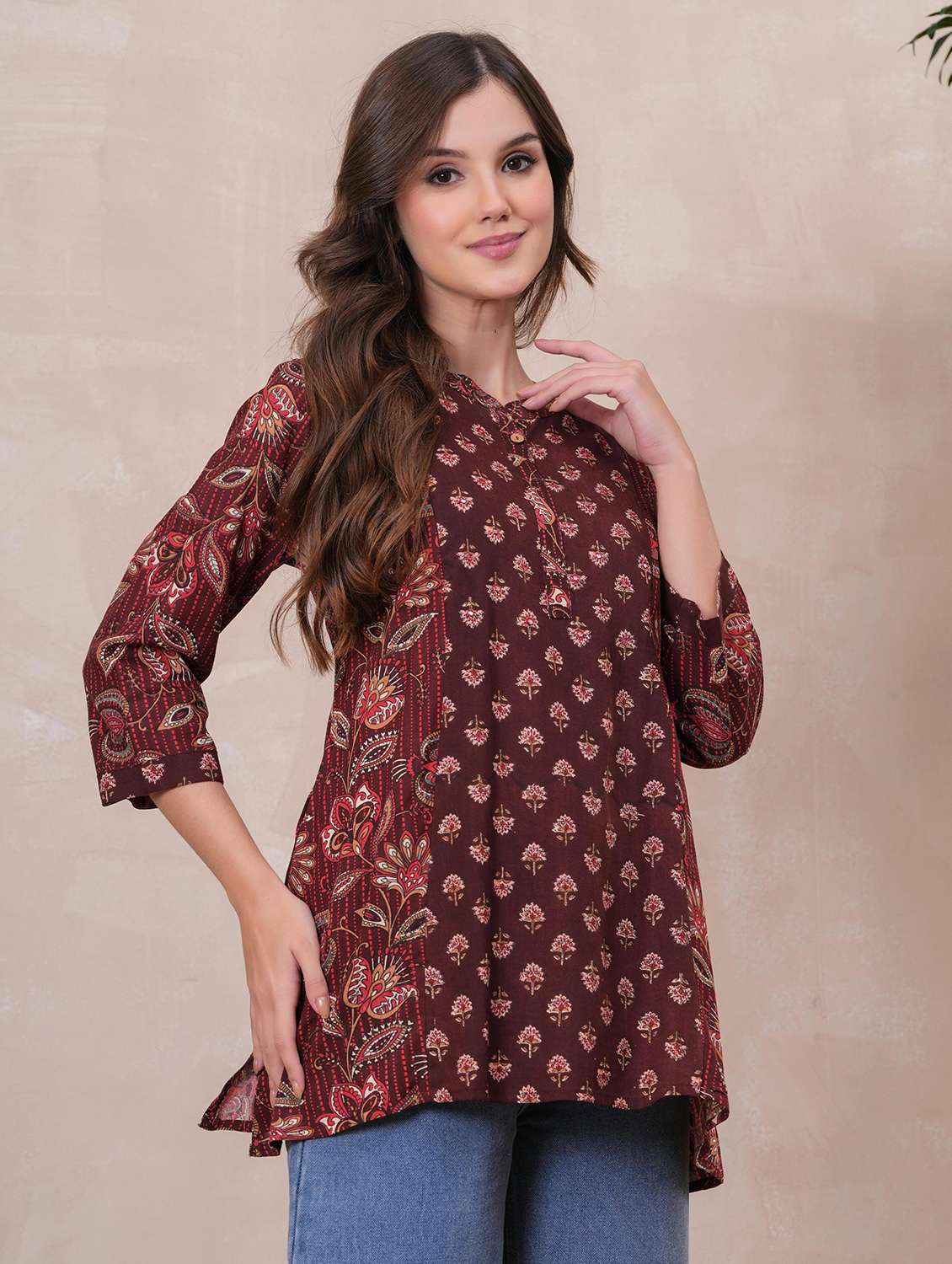 women floral printed three quarter sleeve ethnic top - 22146809 -  Standard Image - 1