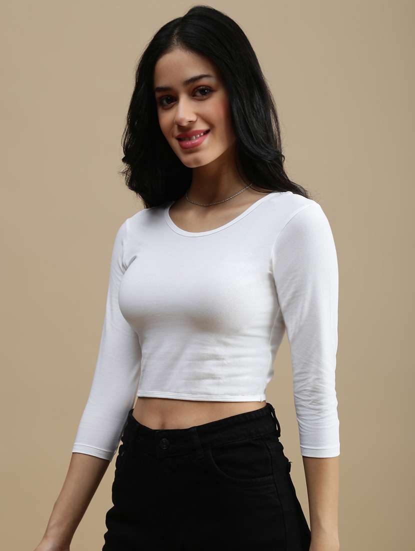 women solid three quarter sleeve crop top - 22146879 -  Standard Image - 1