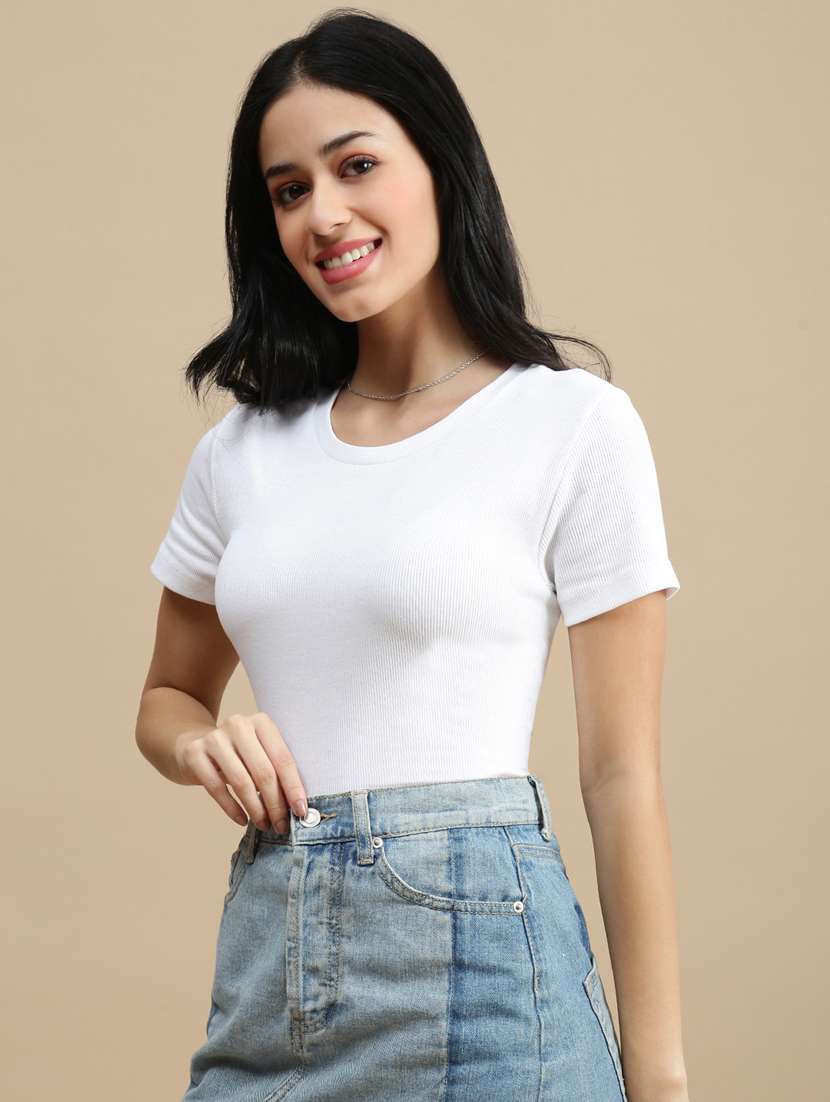 women solid short sleeve crop top - 22146885 -  Standard Image - 1