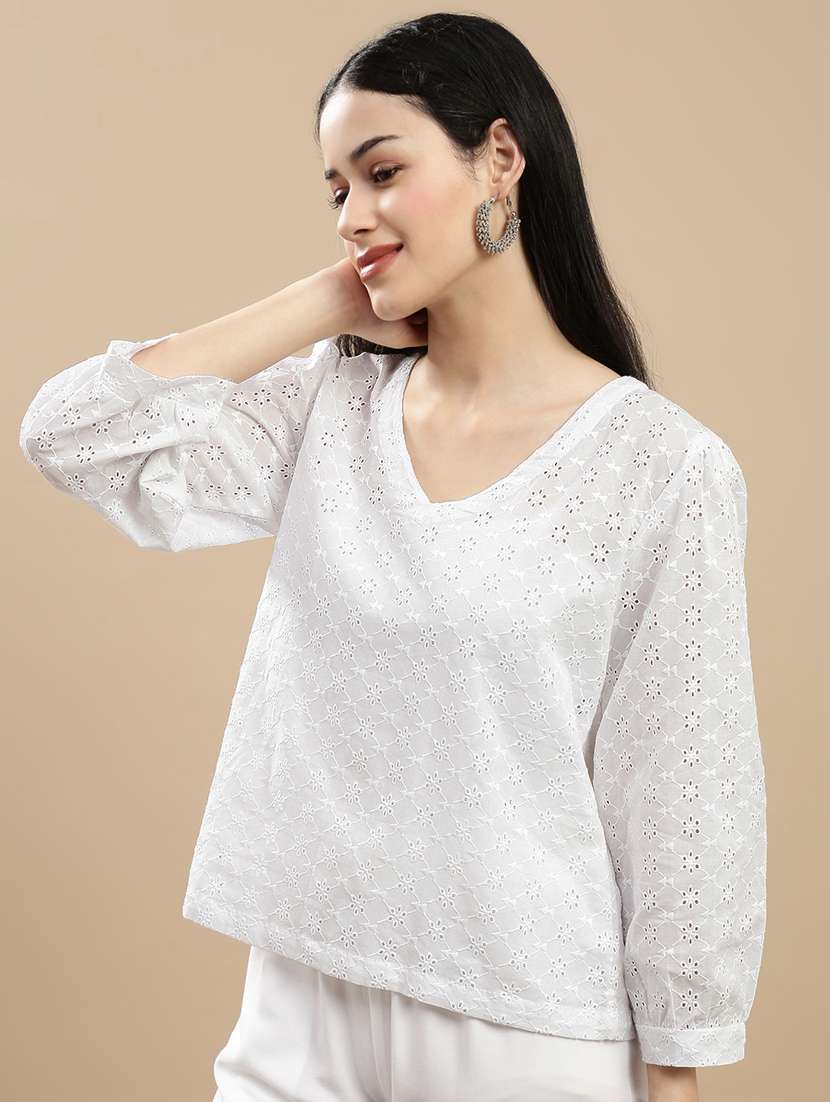 women solid schiffli puff sleeve regular top - 22146888 -  Standard Image - 1