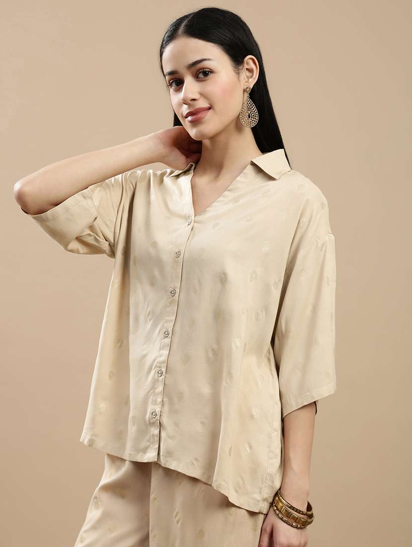 women printed collared three quarter sleeve top - 22146892 -  Standard Image - 1