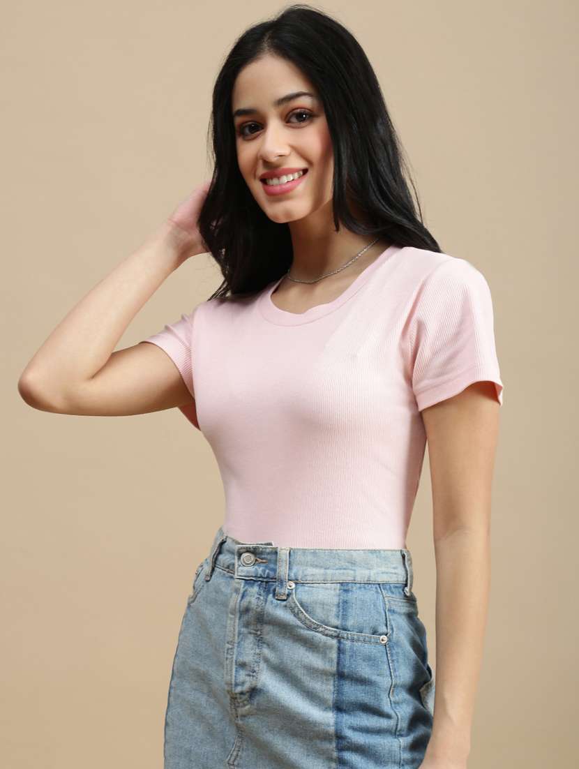 women pink solid shorts sleeve top - 22146899 -  Standard Image - 1