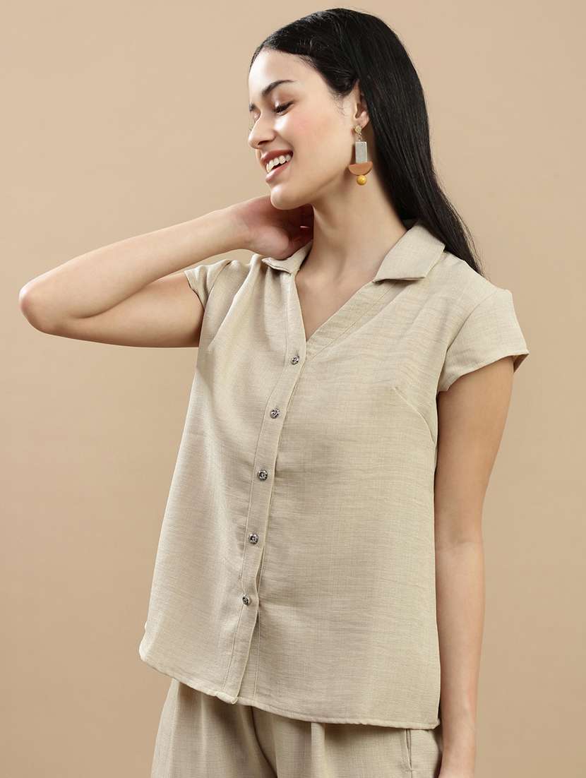 women solid collared short sleeve shirt - 22146904 -  Standard Image - 1