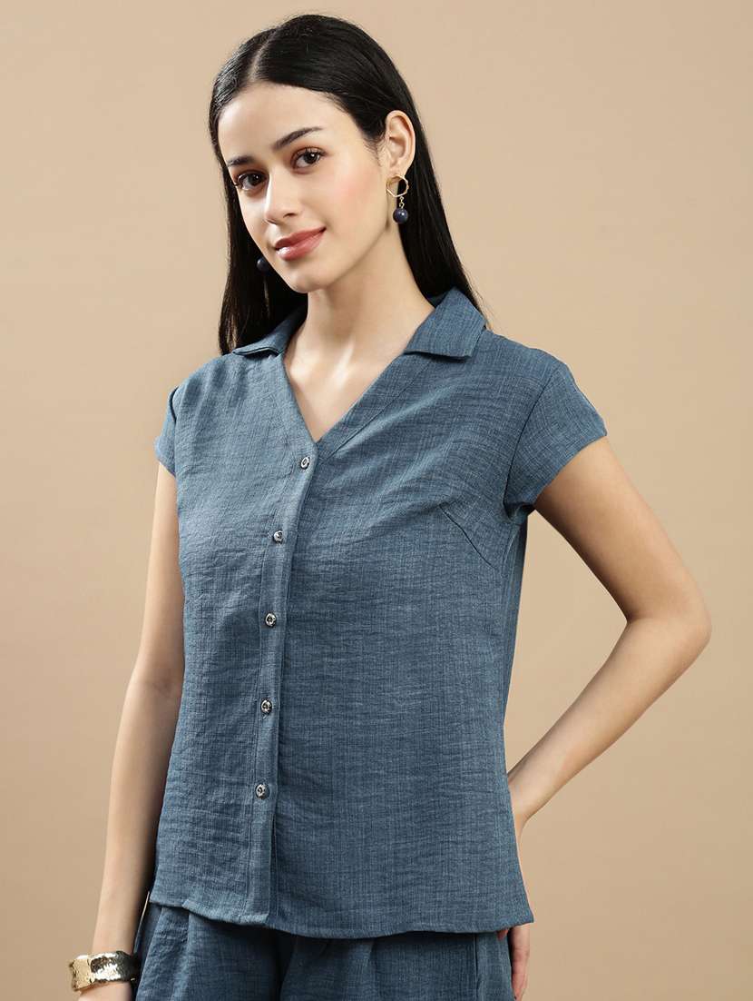 women solid collared short sleeve shirt - 22146905 -  Standard Image - 1