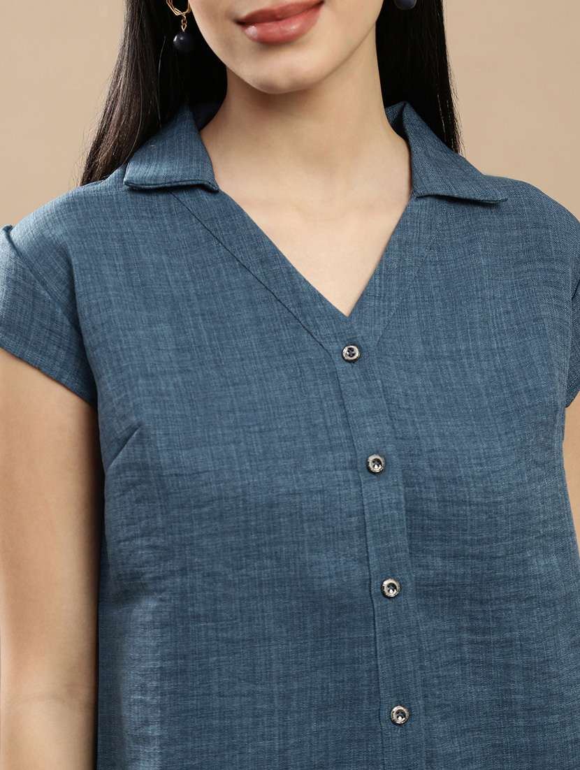 women solid collared short sleeve shirt - 22146905 -  Standard Image - 4