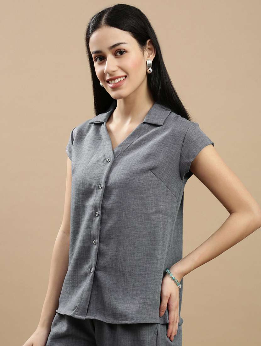 women solid collared short sleeve shirt - 22146906 -  Standard Image - 1