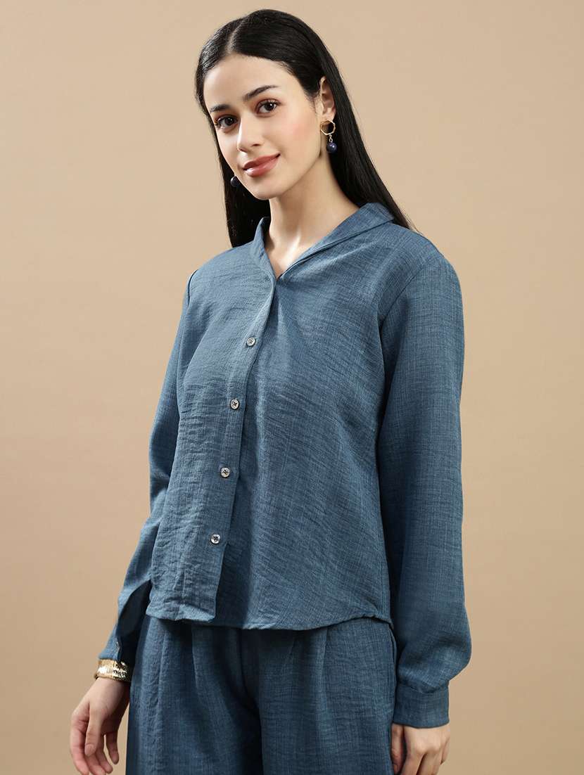 women solid collared short sleeve shirt - 22146909 -  Standard Image - 1