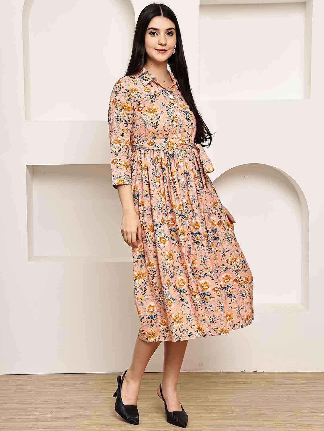 women printed three quarter sleeve a-line dress - 22146918 -  Standard Image - 1