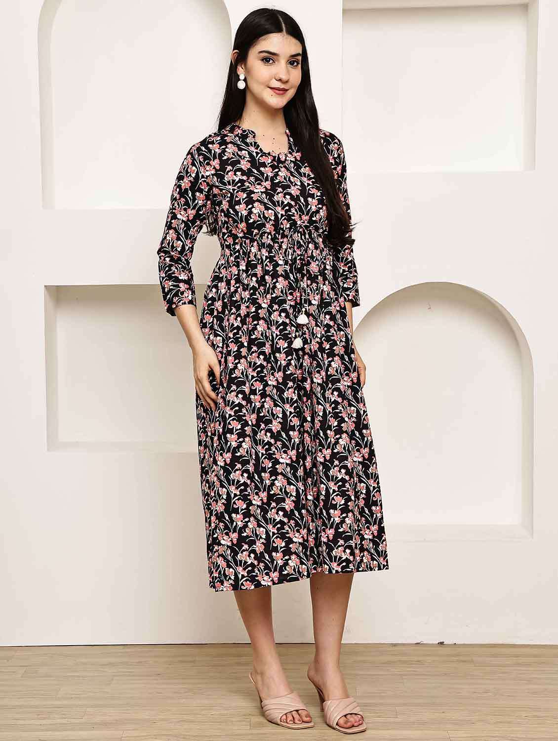 women printed three quarter sleeve a-line dress - 22146919 -  Standard Image - 1