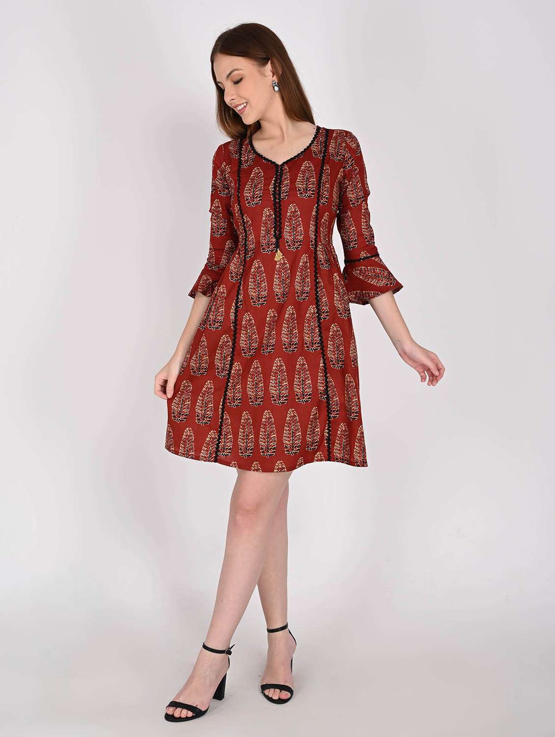 women printed bell sleeve a-line dress - 22146922 -  Standard Image - 1