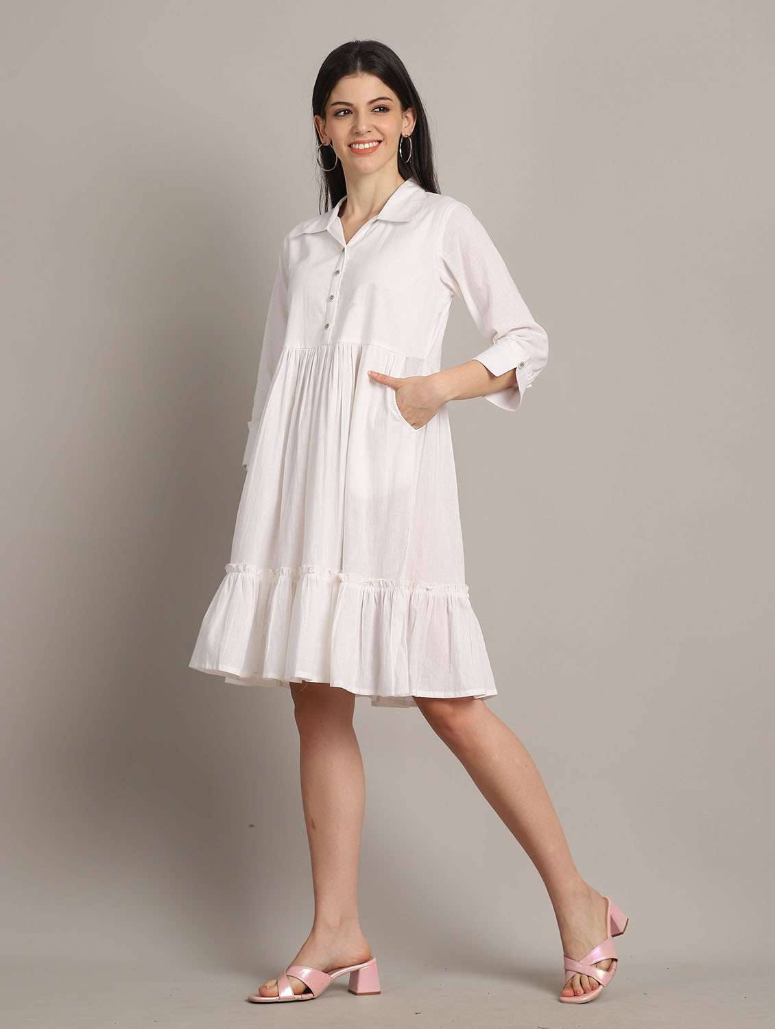 women solid three quarter sleeve dress - 22146929 -  Standard Image - 1