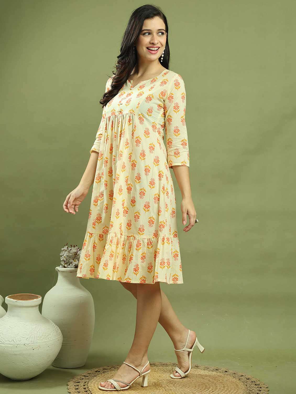 women printed three quarter sleeve tiered dress - 22146933 -  Standard Image - 1