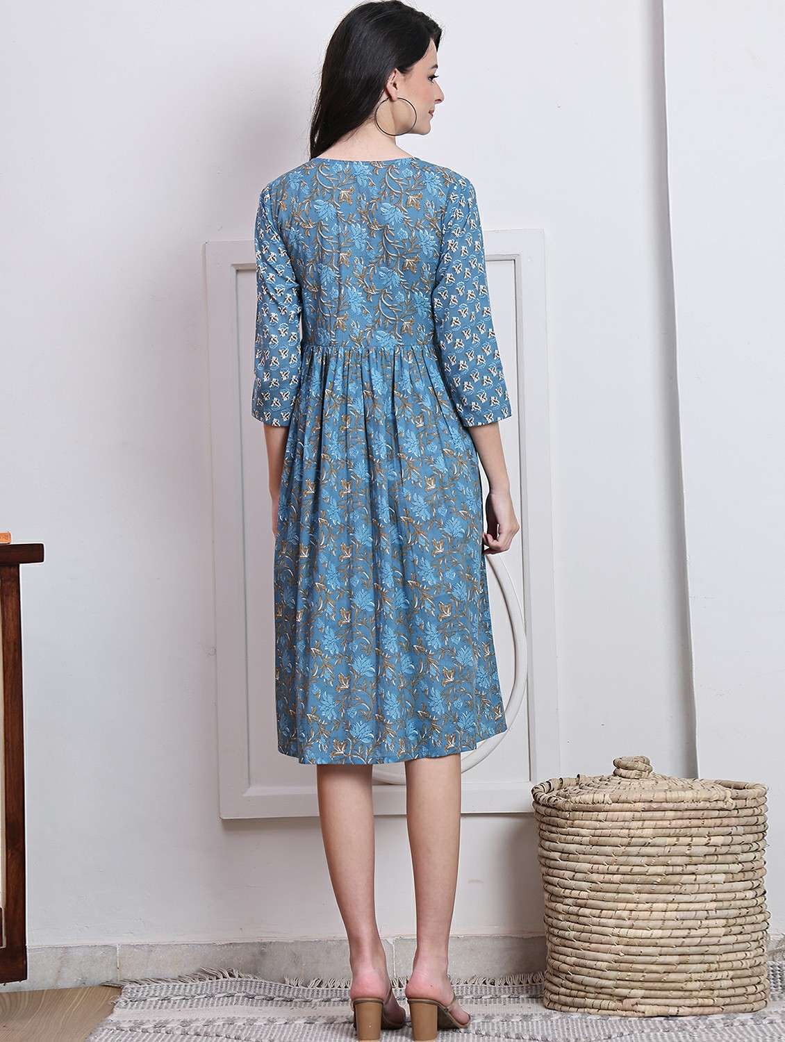 women printed three quarter sleeve a-line dress - 22146939 -  Standard Image - 1
