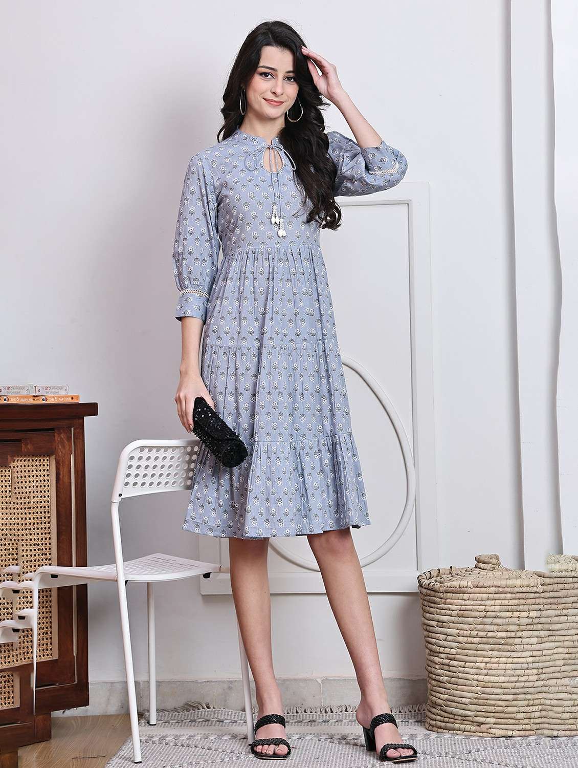 women printed three quarter sleeve tiered dress