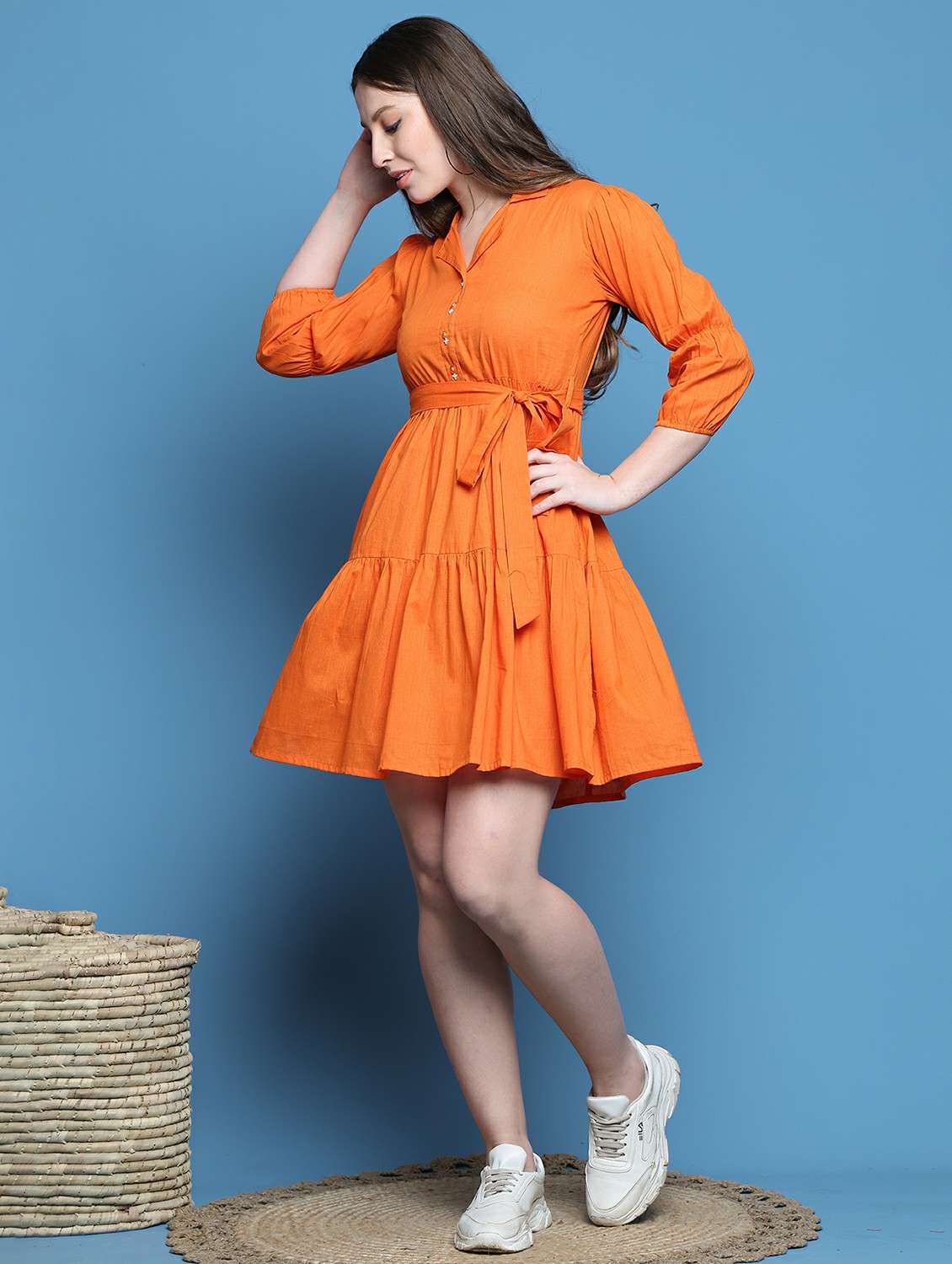 women solid three quarter sleeve tiered dress