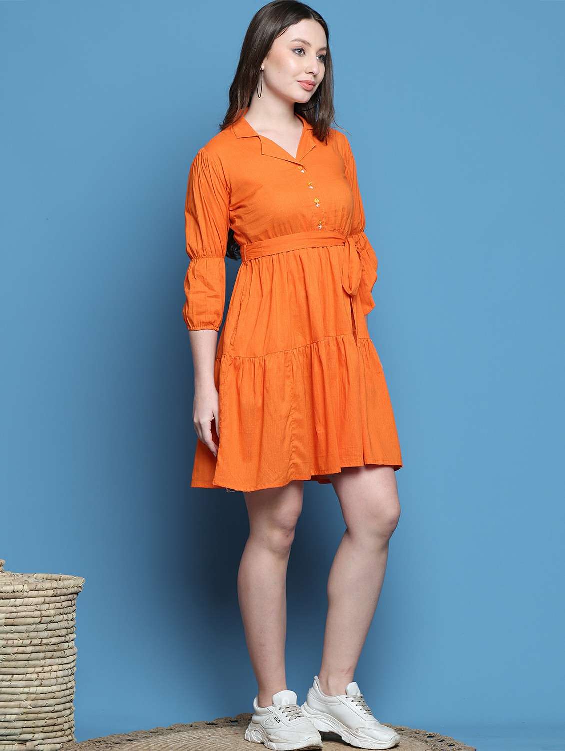 women solid three quarter sleeve tiered dress - 22146942 -  Standard Image - 1