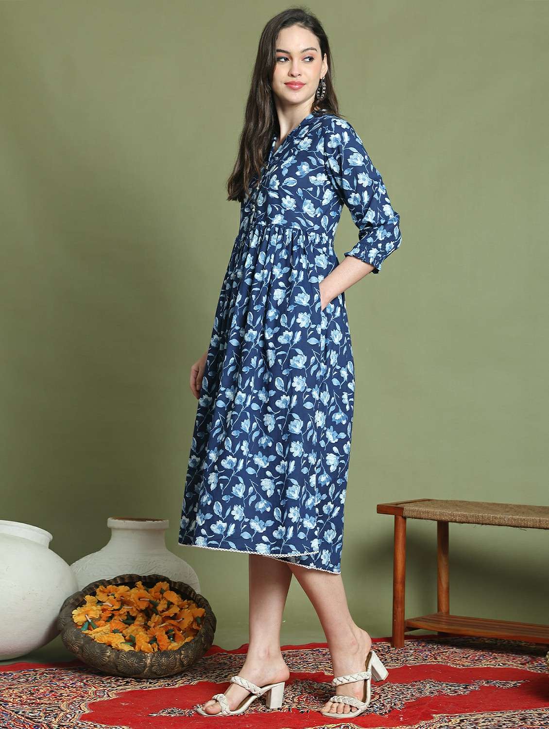 women printed three quarter sleeve a-lune dress - 22146947 -  Standard Image - 1