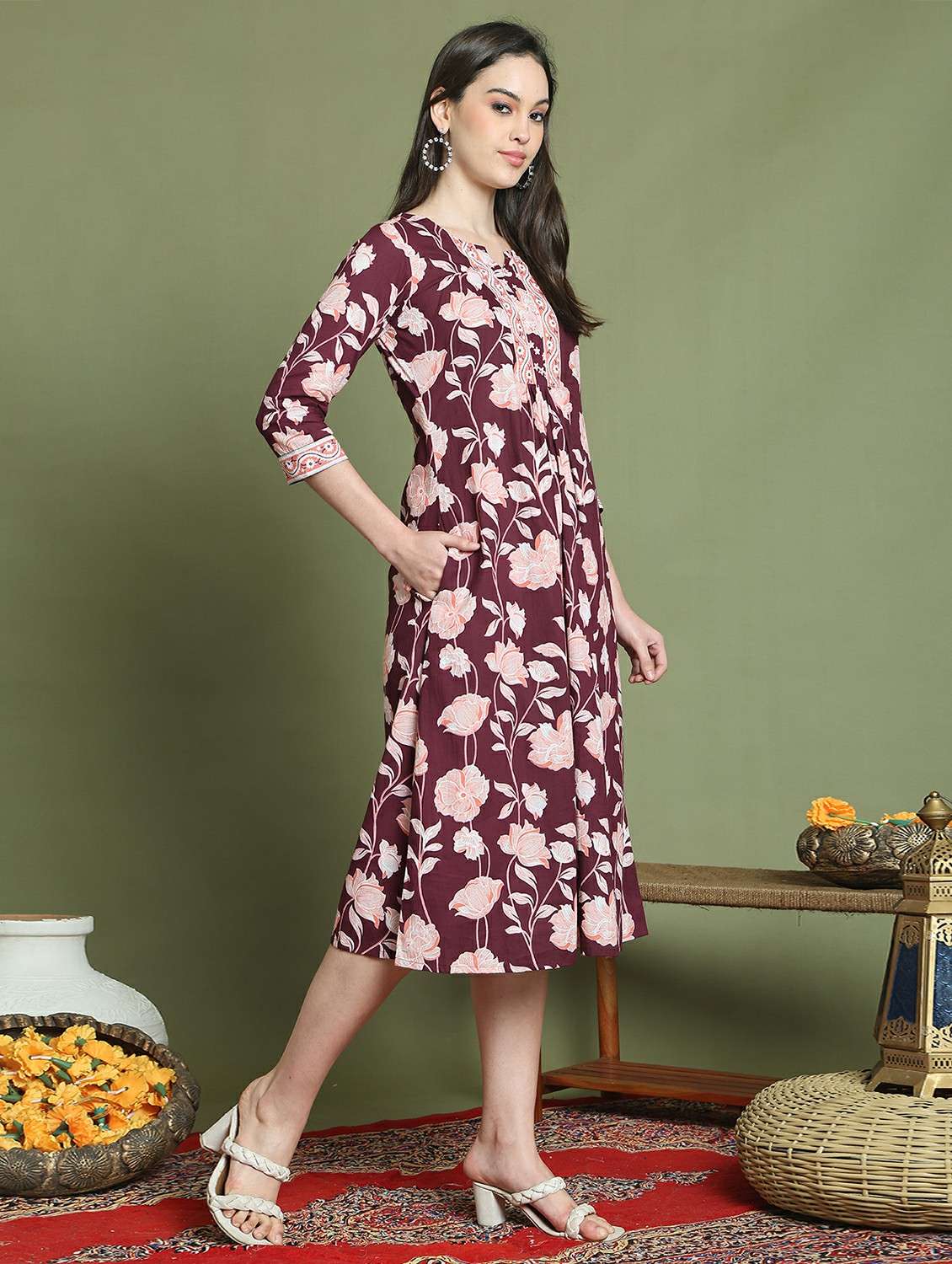 women printed three quarter sleeve dress - 22146948 -  Standard Image - 1