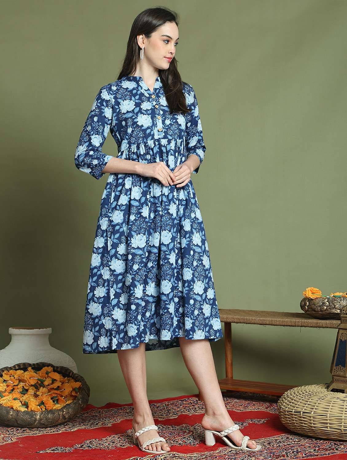 women printed three quarter sleeve a-line dress - 22146949 -  Standard Image - 1