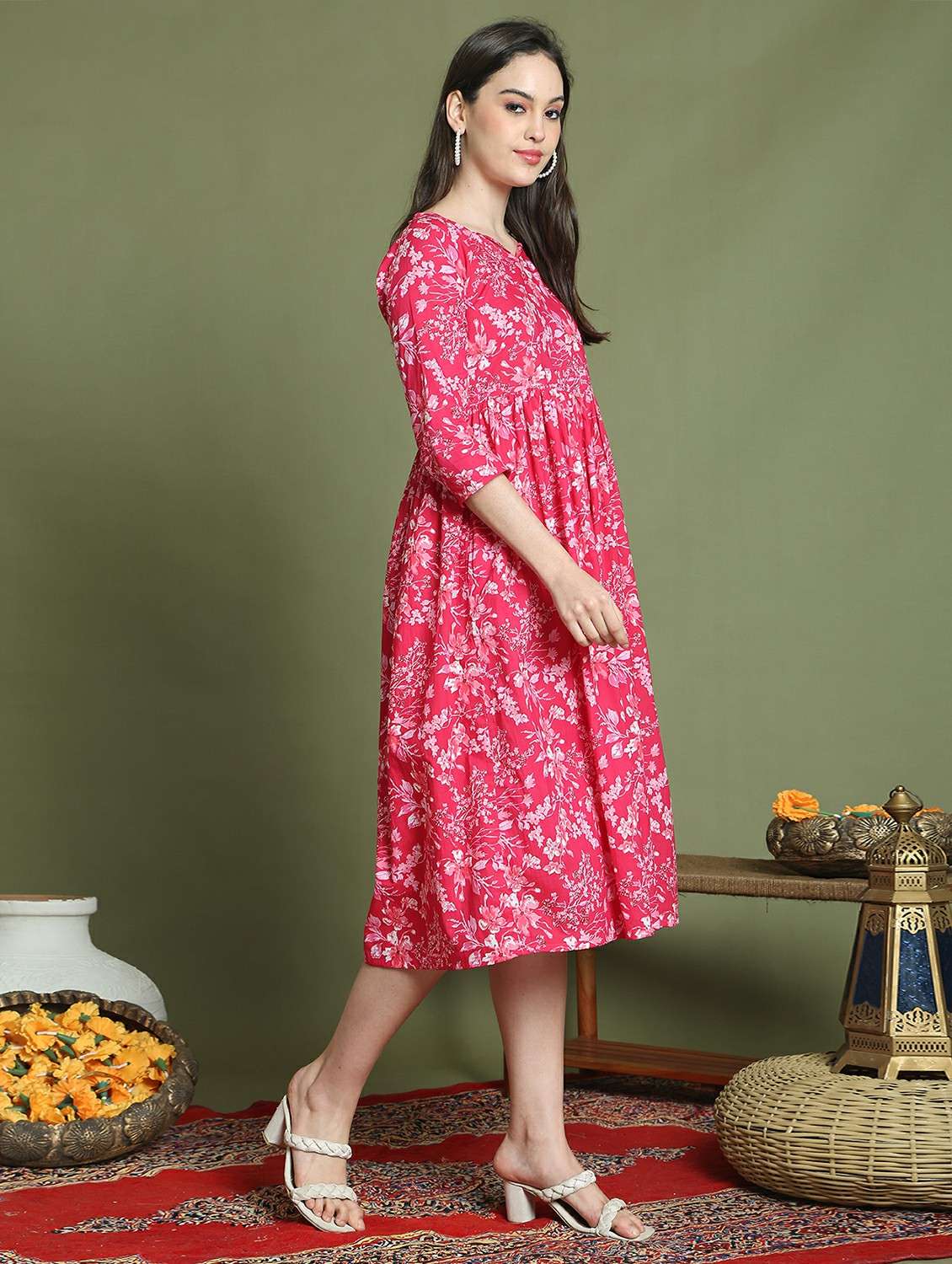women printed three quarter sleeve a-line dress - 22146950 -  Standard Image - 1
