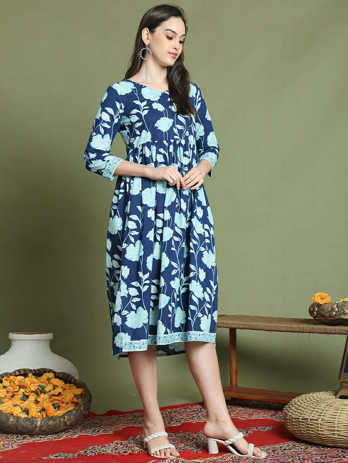 women printed three quarter sleeve dress - 22146951 -  Standard Image - 1