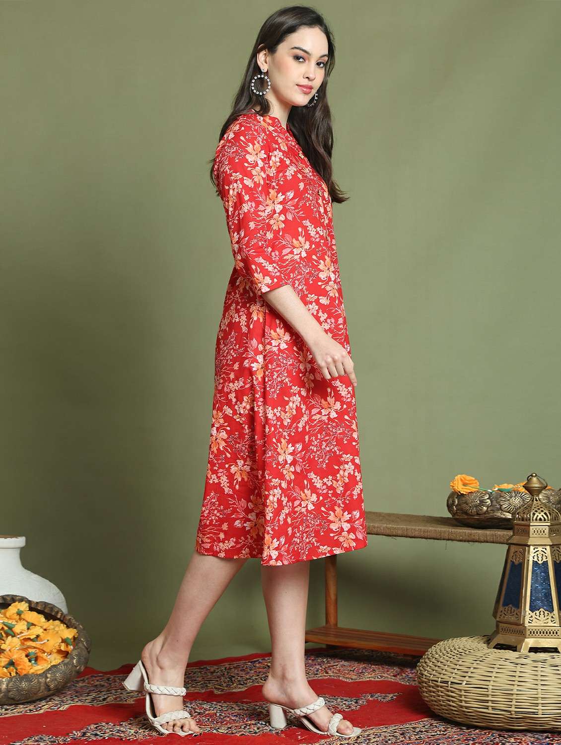 women printed three quarter sleeve a-line dress - 22146952 -  Standard Image - 1