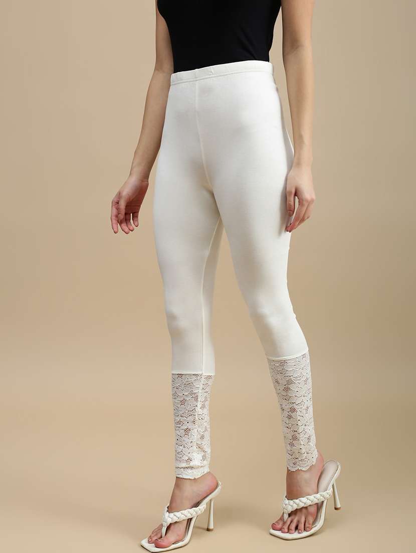 women solid mid rise lace hem legging - 22146955 -  Standard Image - 1